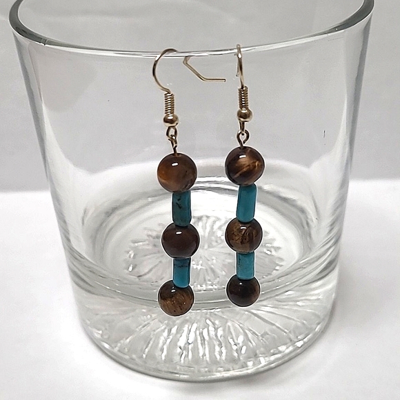 Turquoise and Tigers Eye Earrings - Picture 1 of 4